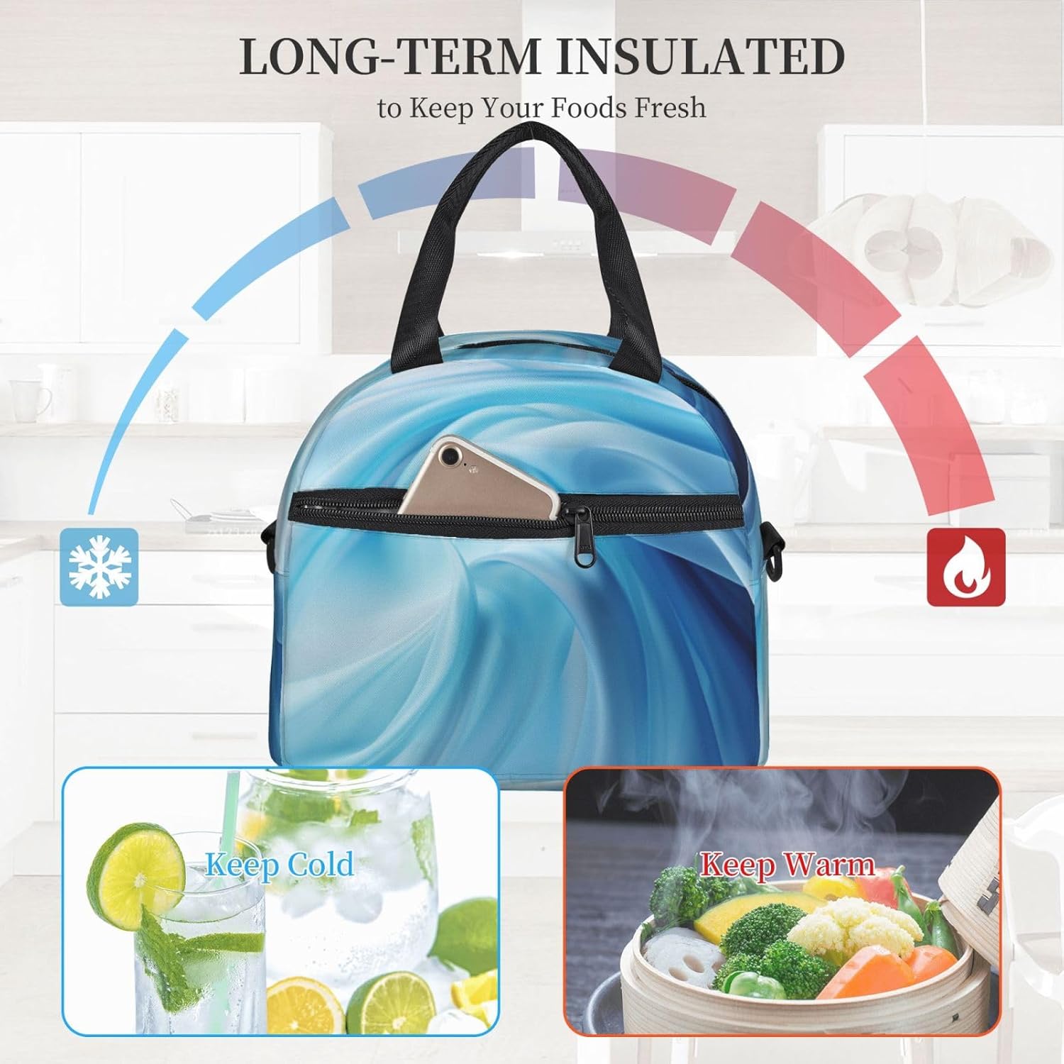 Blue Line Print Reusable Lunch Bag Insulated Lunch Boxes for Office Work Picnic Tote Bag Adjustable