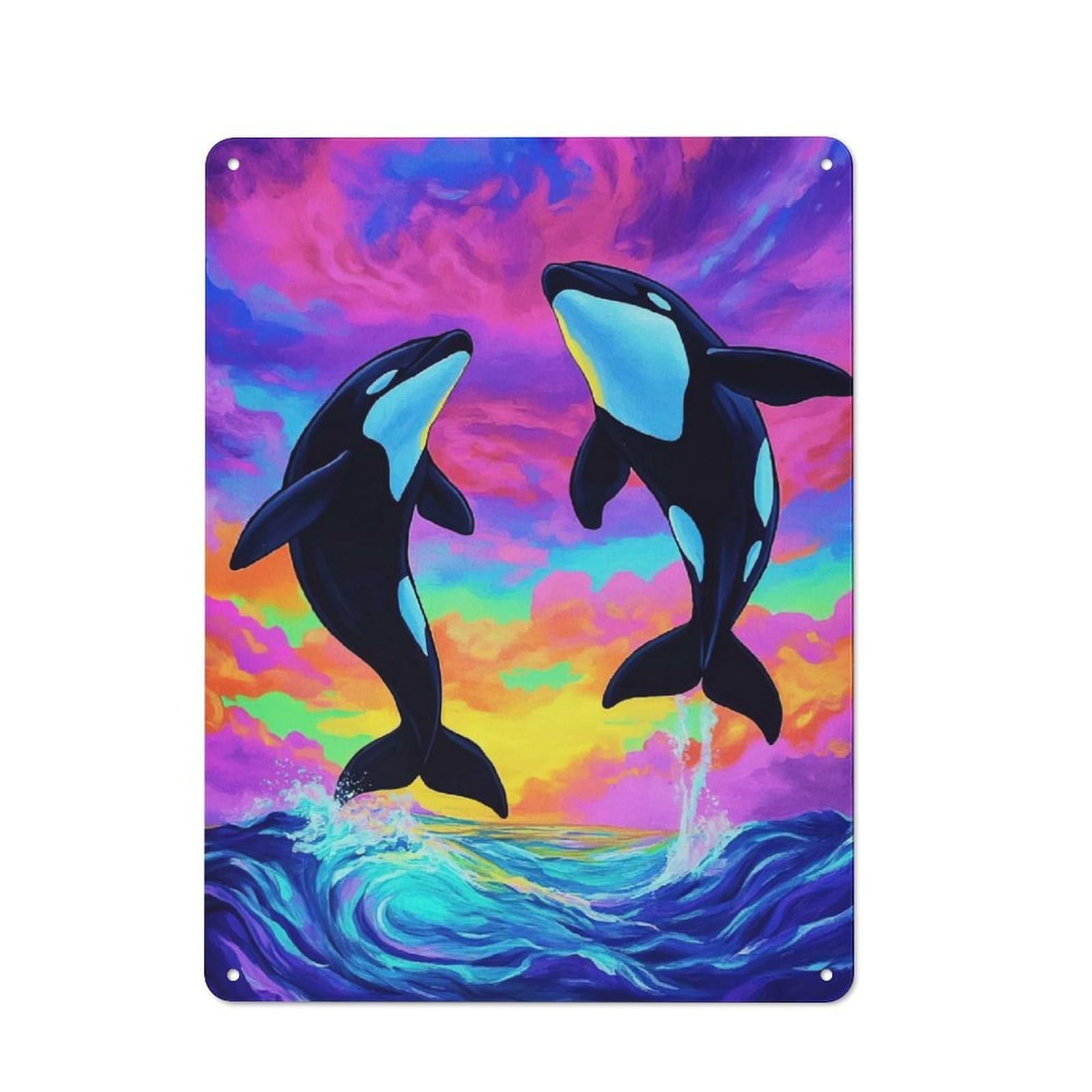 Junmoney Orcas Leaping Colorful Ocean Classic Decorative Tin Plaque 40X30cm Featuring Novelty Wall Art For Home, Shop, Pub Or Studio Wall