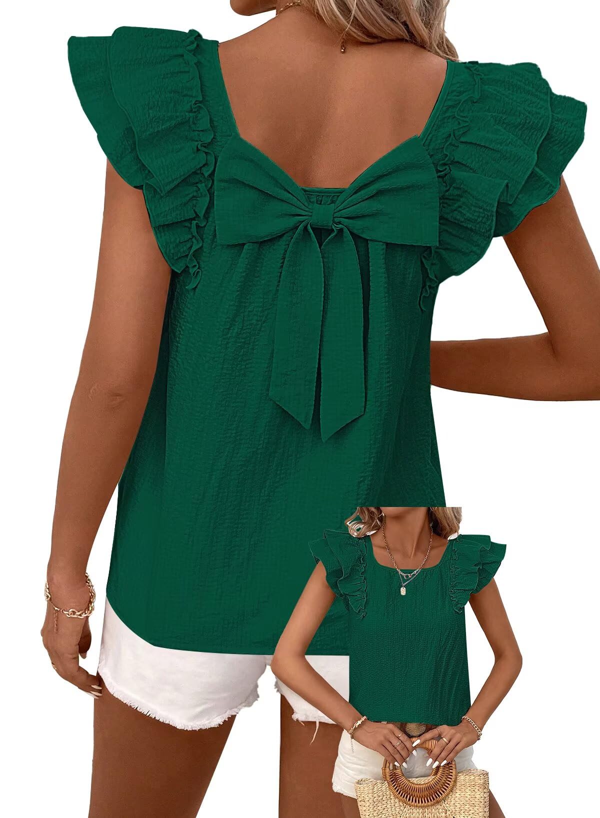 TUUHAW Top Damen Sommer Süße Oberteile Rundhals T-Shirt Kurzarm Bluse mit Rüschen Tunika Lässige Outfits Chiffon Puffärmel Rücken-Schleife Kleidung