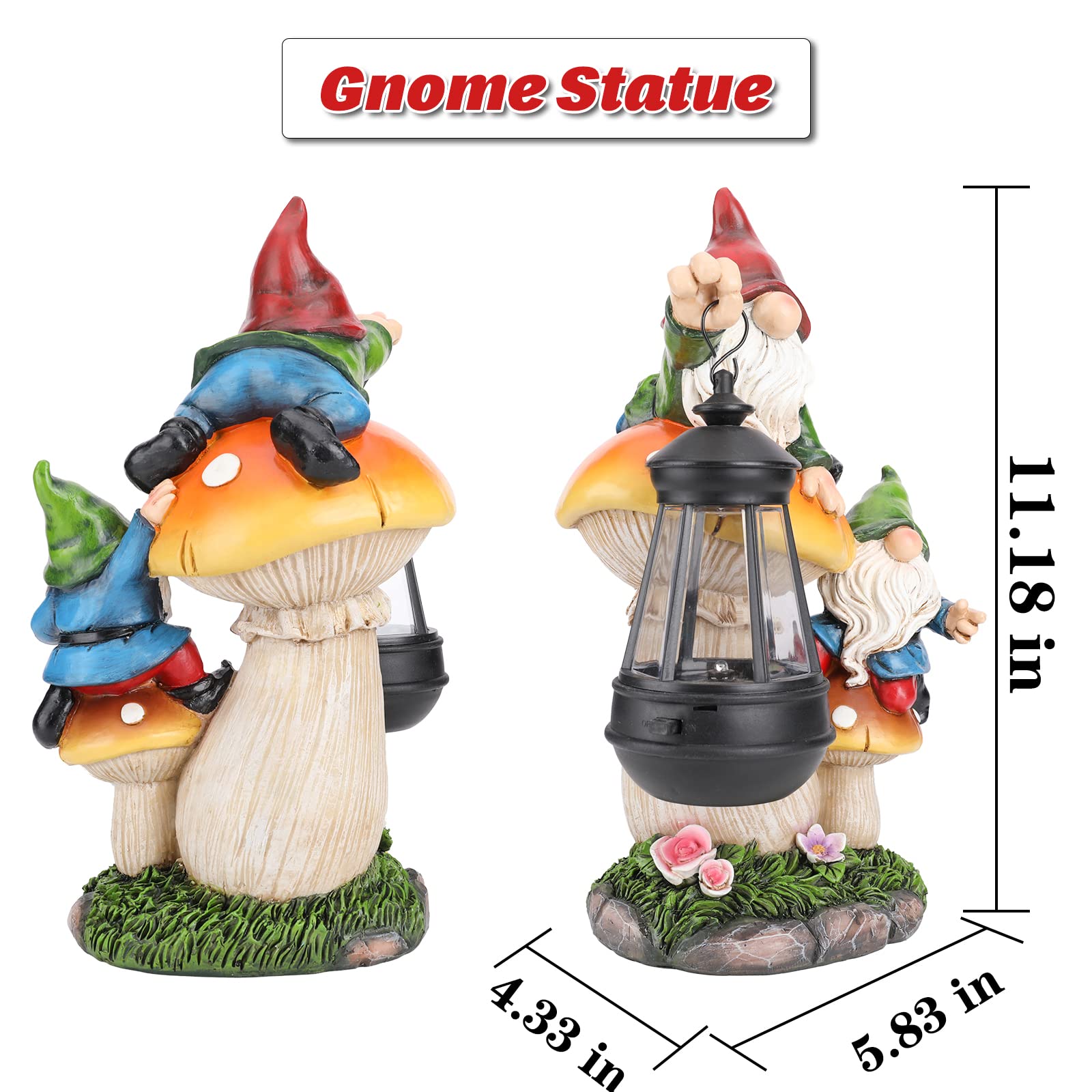 Estatua de gnomo de jardín, grande y divertida figura de gnomo que sube a los hongos y sostiene una linterna solar LED de resina para patio, patio, césped, porche, decoración al aire libre