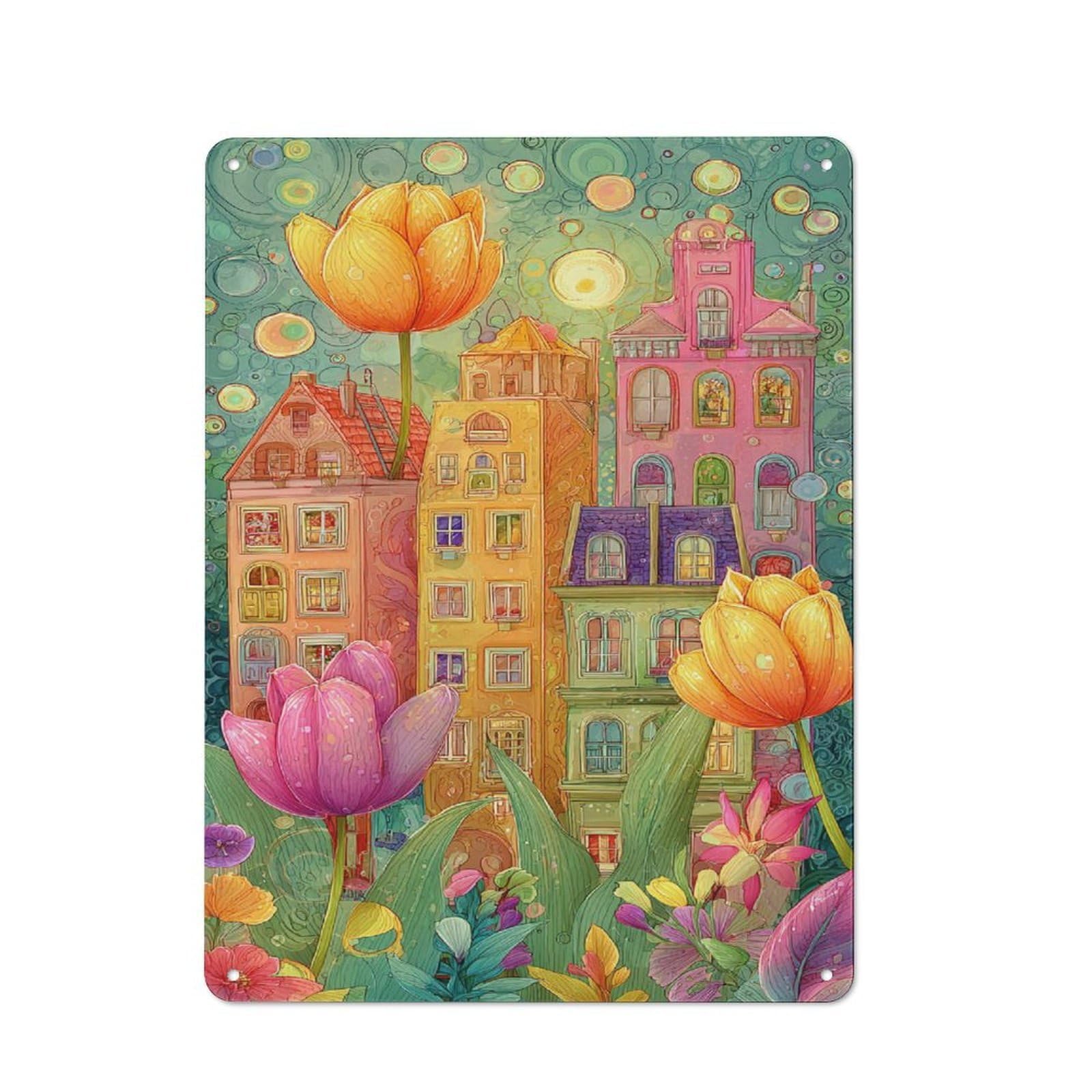 Junmoney Colorful Cityscape With Tulips Tin Sign 40X30cm For Café Or Home Bar, Retro Wall Decor, For Garage, Workshop And Man Cave Decoration