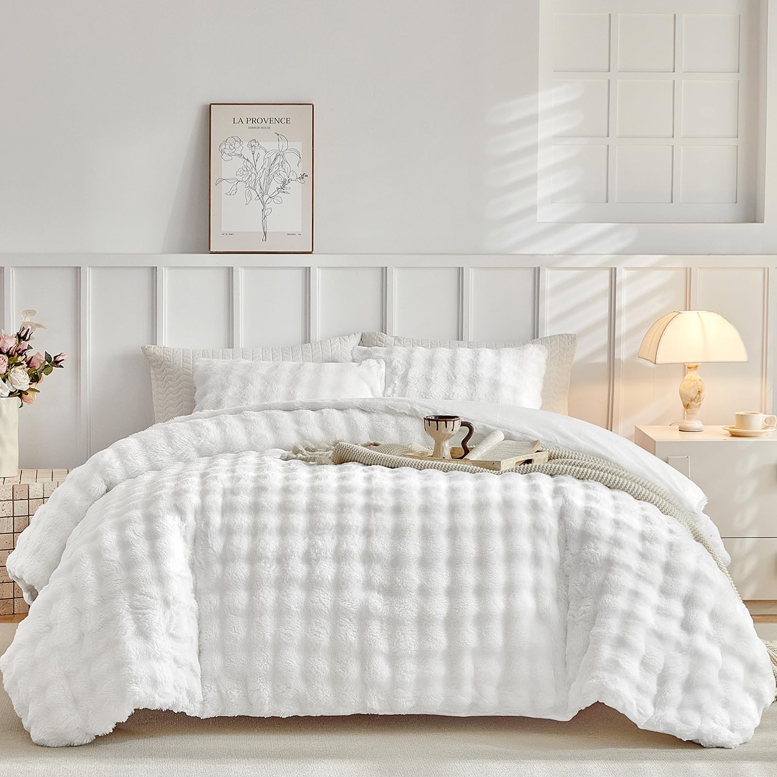 Lekesky Fluffy King Size Duvet Cover Sets Fluffy Bedding - Shaggy Faux Fur Bedding Sets King Size (1x Quilt Cover + 2x Pillowcases) Soft Warm Teddy Fleece Duvet Set 200x200 cm, White — image 1
