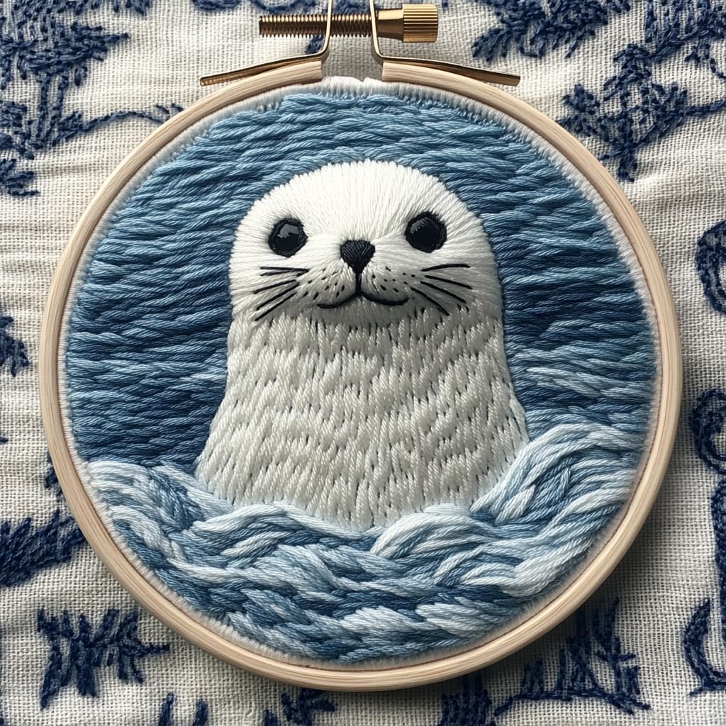 DIY Punch Needle Kits for Beginners Cute Seal in Sea with Hoop Embroidery Punch Needle Starter Set Easy for Adults and Kids Festival Gift and Decor 20x20cm