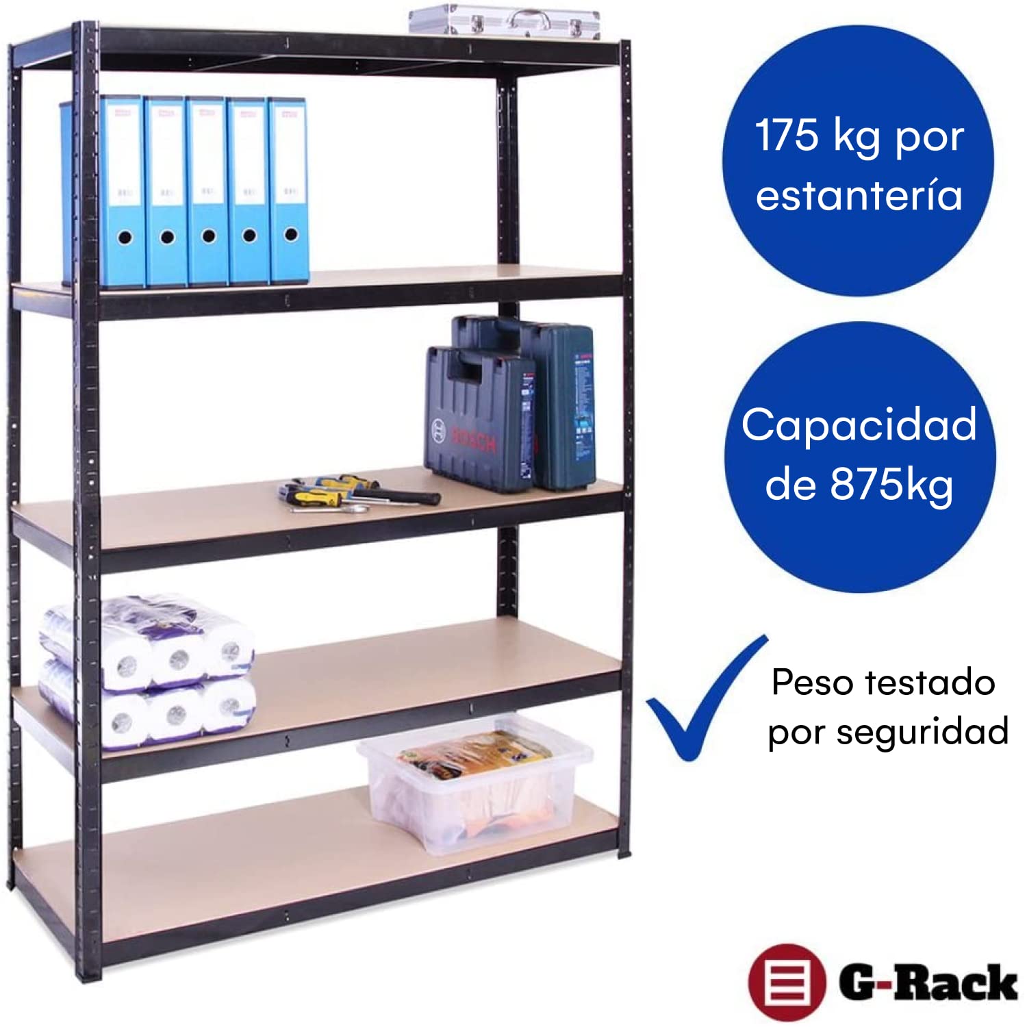 Estante de Almacenamiento para Garaje: 180 cm x 120 cm x 45 cm | Negro - 5 Estantes | 175 kg de carga cada balda (Capacidad para 875 kg) | Estantería para Garaje Muy Resistente - 5 Años de Garantía