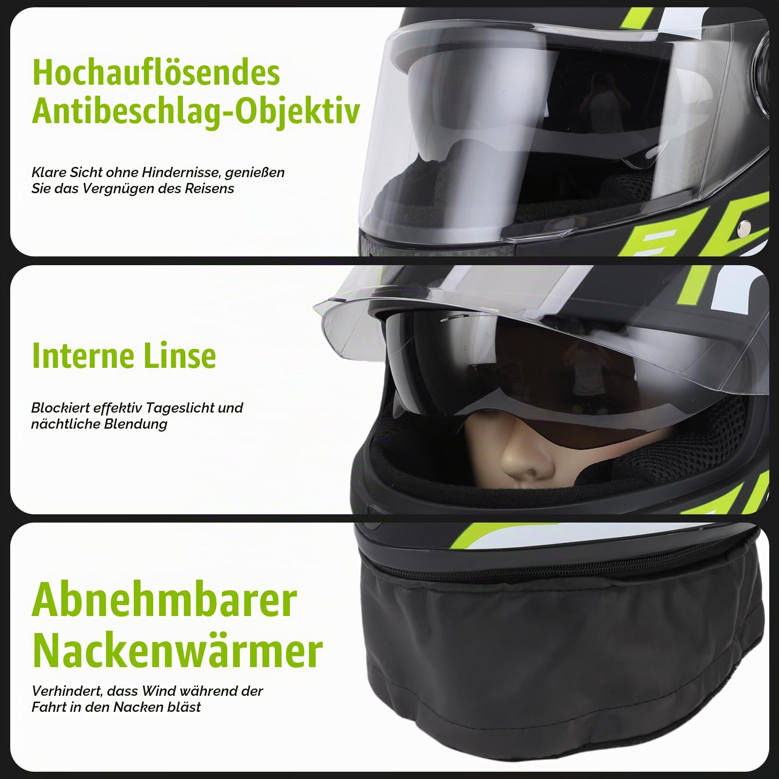 Motorrad Helm, Leichter Fahrrad-Reithelm für Männer und Frauen, Kopf Umfänge von 54-61cm Voll Gesichts Helm mit Abnehmbarem Hals Wärmer, Innere Atmungsaktive Baumwoll Schicht
