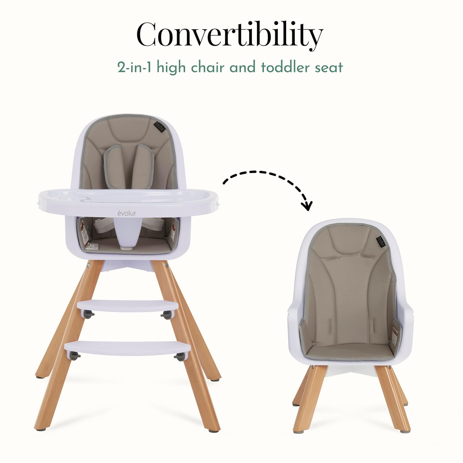 Image demonstrating the Evolur Zoodle high chair converting into a toddler seat.