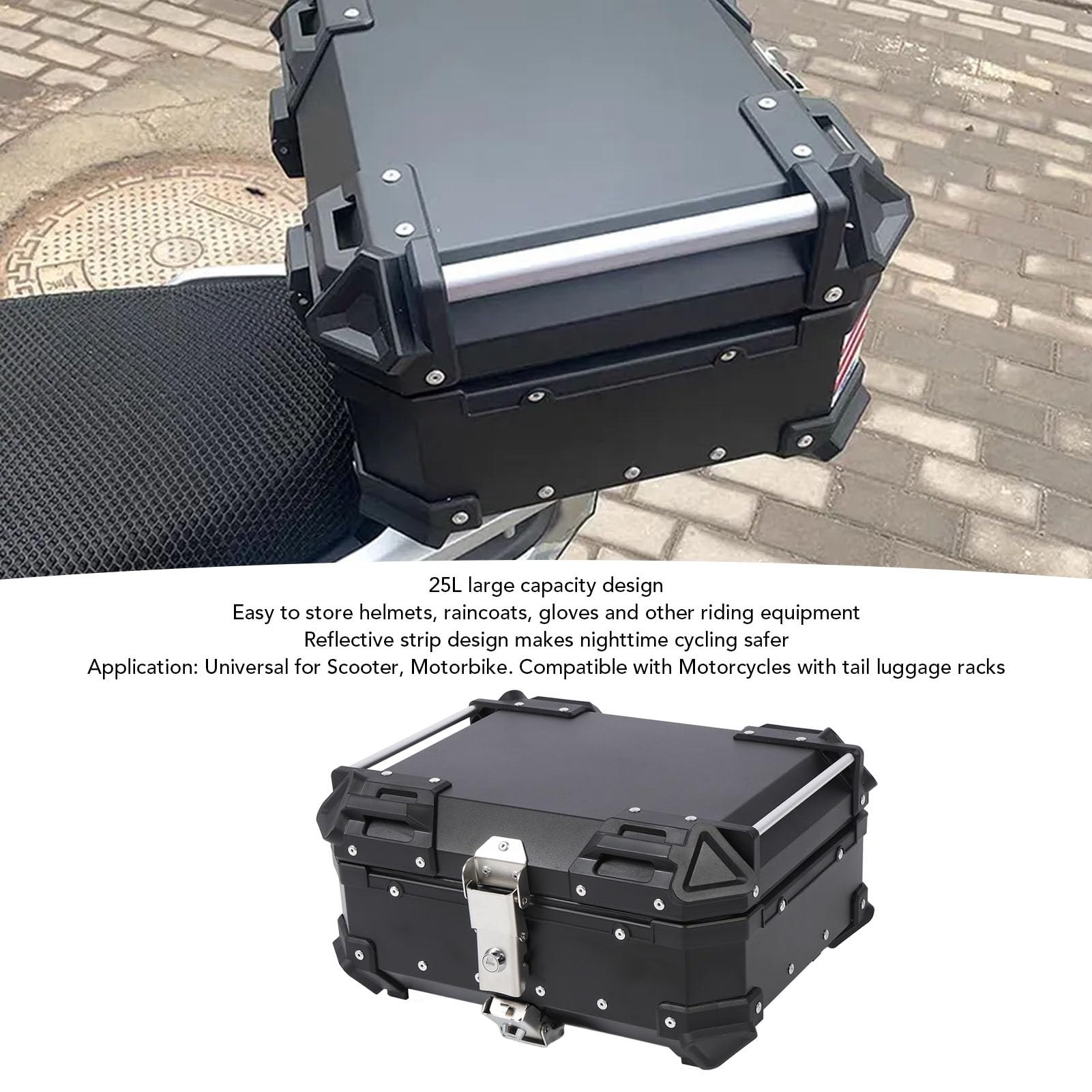 Kufer Górny na Motocykl, Wodoodporna Tylna Obudowa ze Stopu Aluminium, pojemność 25 Litrów na Skuter i Motocykl (BLACK)
