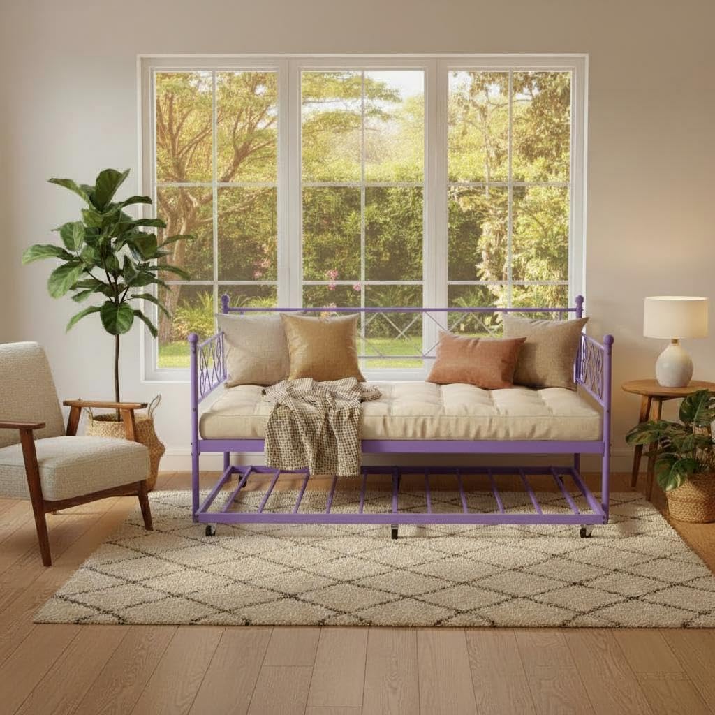 Garvee Daybed with Trundle, Trundle Bed Twin with Heart-Shaped Headboard, Sturdy Metal Sofa Bed, Heavy-Duty Metal Bed Frame Support, for Living Rooms, Bedrooms, and Guest Rooms, Easy Assembly, Purple