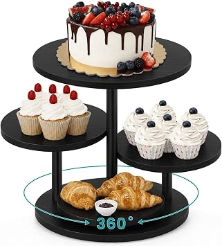 ELITEROO 4 Tier Round Cupcake Stand, Wooden Cup Cake Tower with Tiered Cookie Serving Tray, 360Rotatable Cake Stand for Dessert Table Display for Wedding Birthday Halloween Tea Party, Black