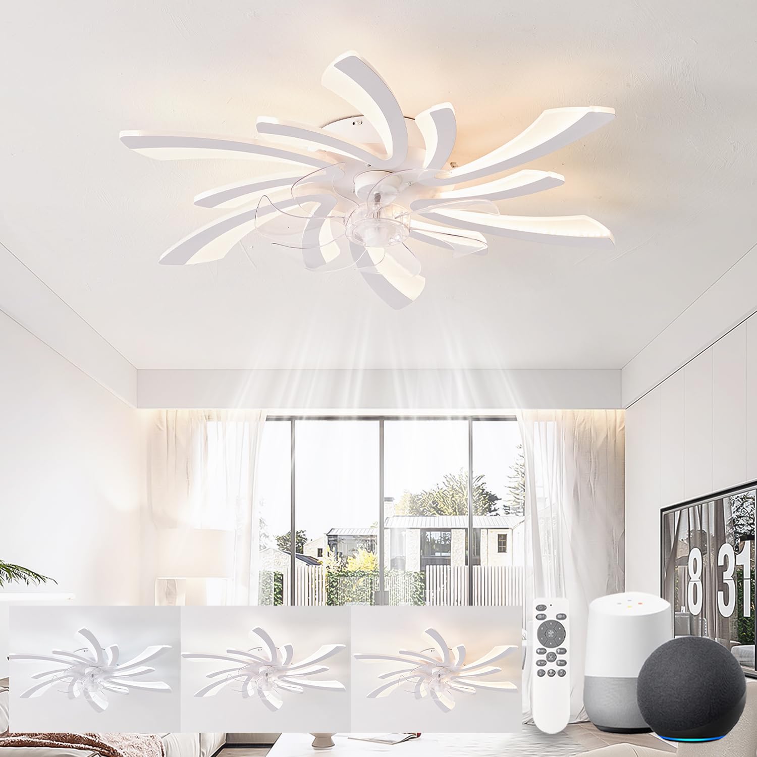 Kelukes White-Voice Control Silent Ceiling Fans With Lights Compatible With Alexa And Google Assistant, 78Cm Bedroom Ceiling Fan With Lamp, Dc Motor, Timer Memory Function Reversible Dimmable Ceiling Fan Light, White