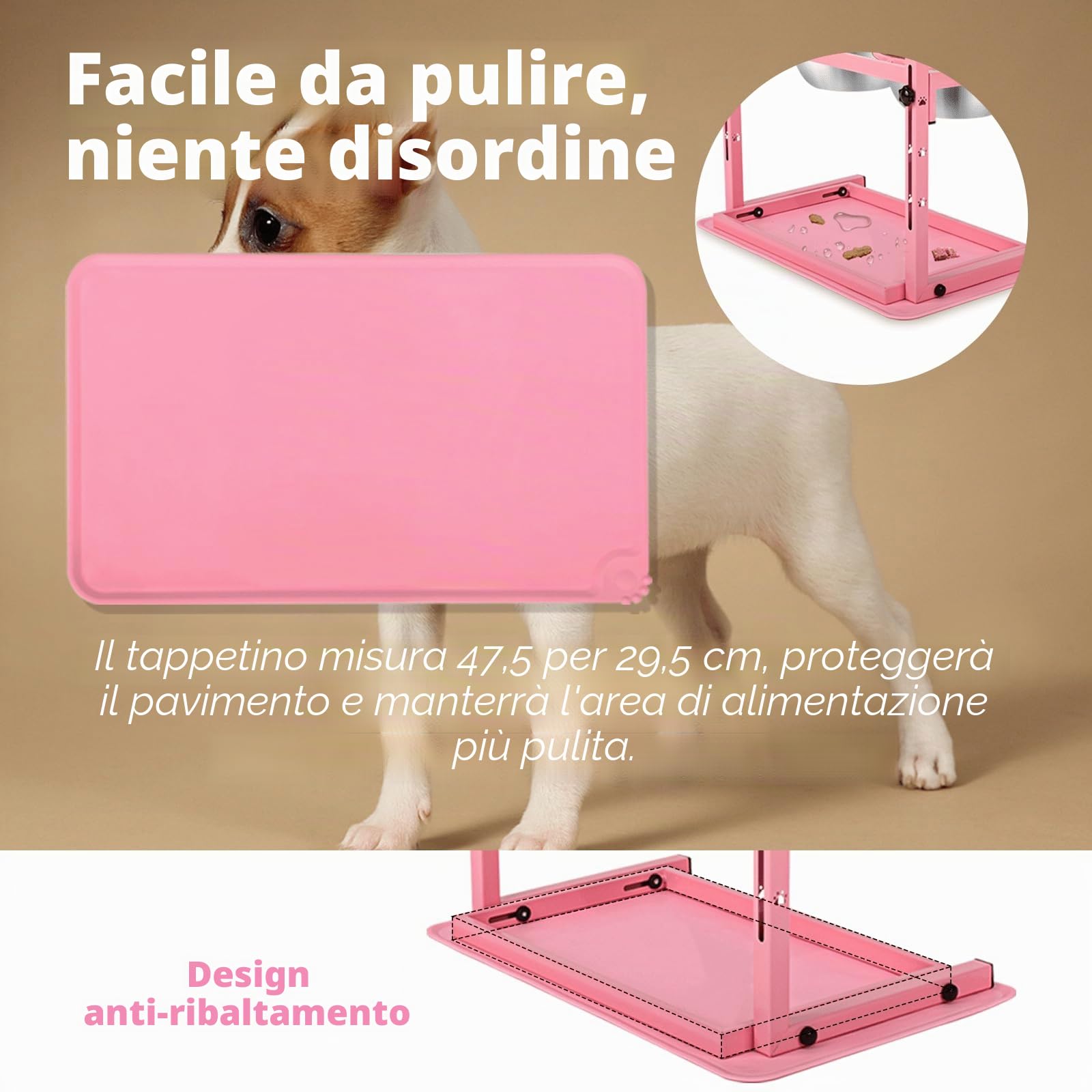 Supporto rialzato rosa per ciotole e cani con alimentatori lenti e tappetino anti-spill, mangiatoia regolabile per cani, 2 ciotole in acciaio inossidabile da 1700 ml