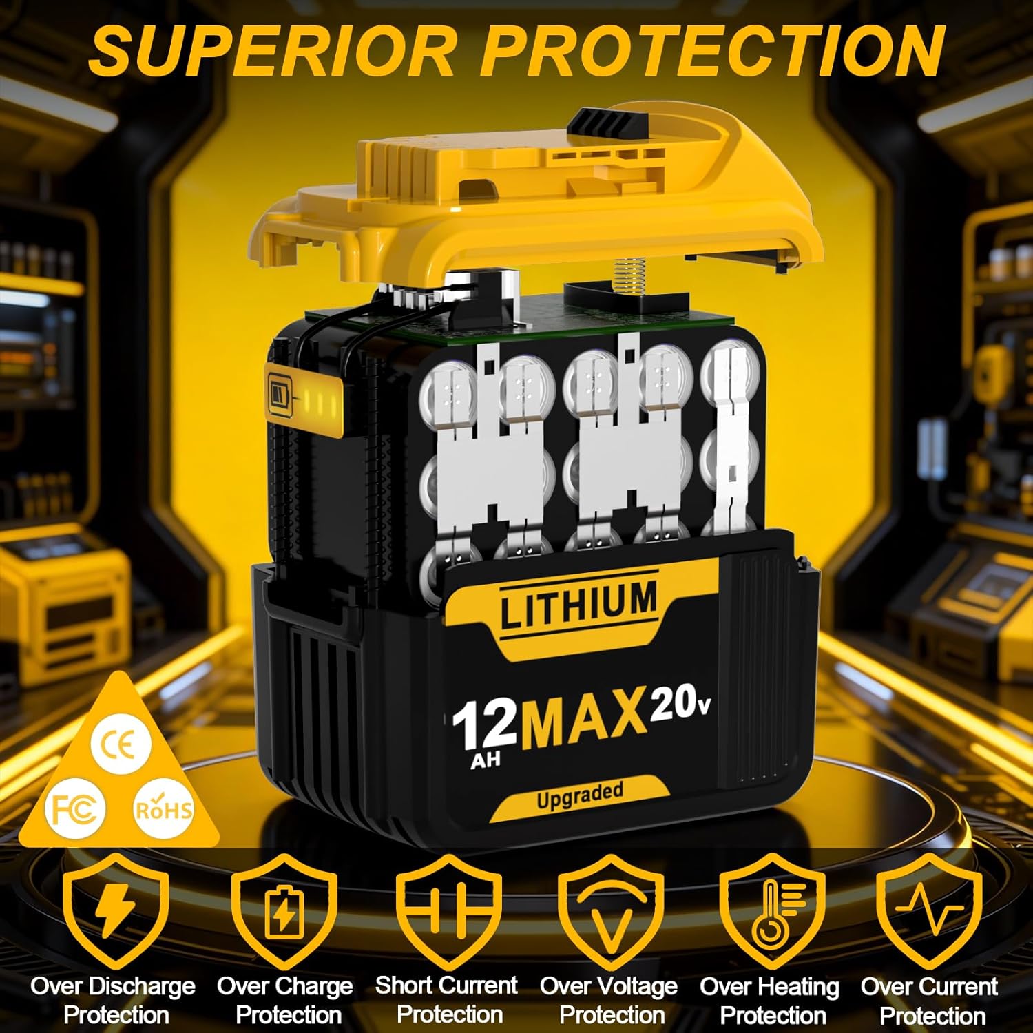 2 Packs 12.0Ah Battery Replacement for Dewalt 20V Max Battery Lithium Ion Compatible with 20 Volt Batteries Cordless Power Tools DCB200 DCB206 DCB204 DCB203 Series - Image 4