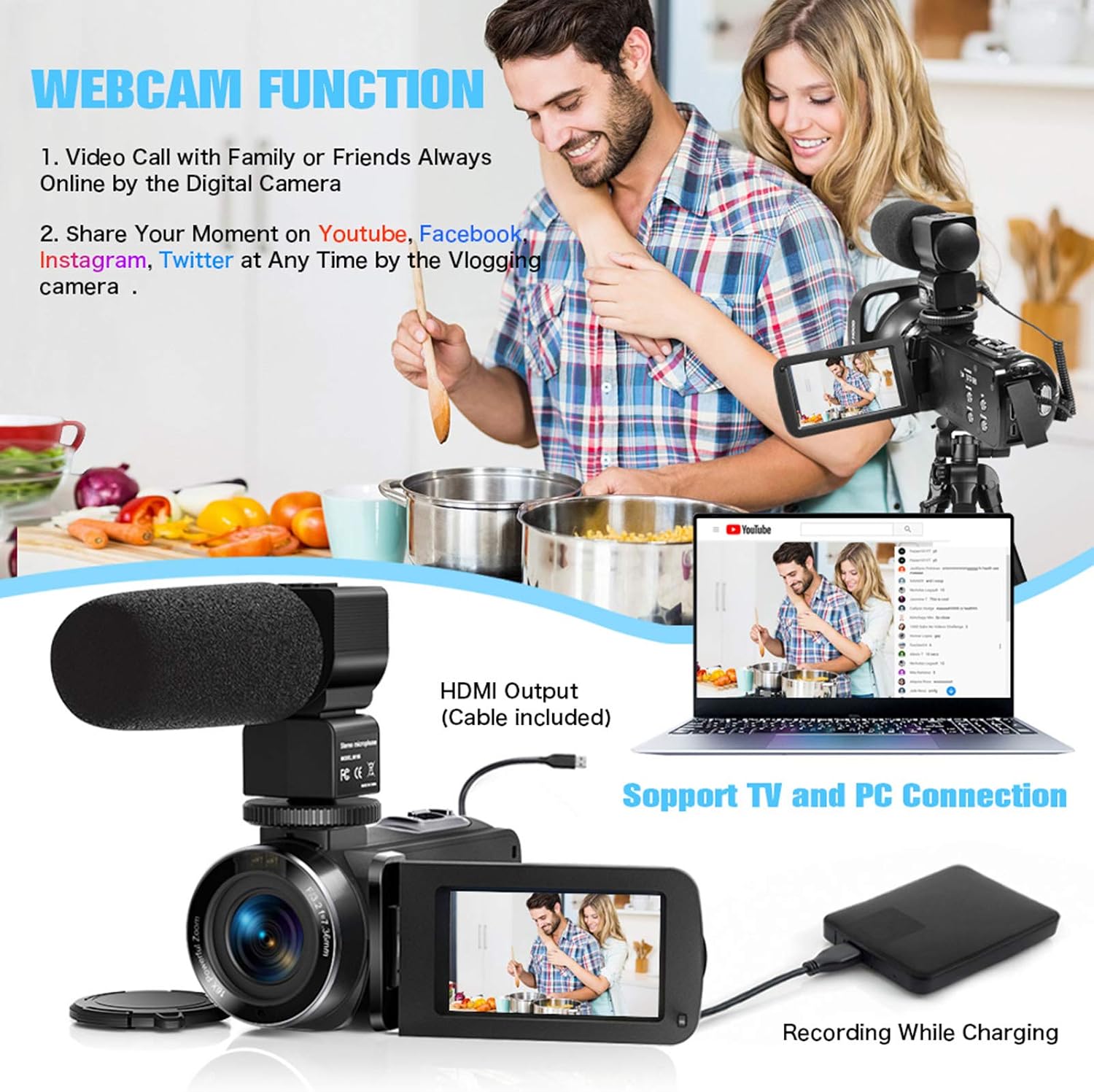 Video Camera Camcorder with Microphone 2.7K HD 36MP/30FPS YouTube Vlogging Camera IR Night Vision 16X Digital Zoom Digital Recorder with 3.0" IPS Touch Screen, Remote Control, Handheld Stabilizer