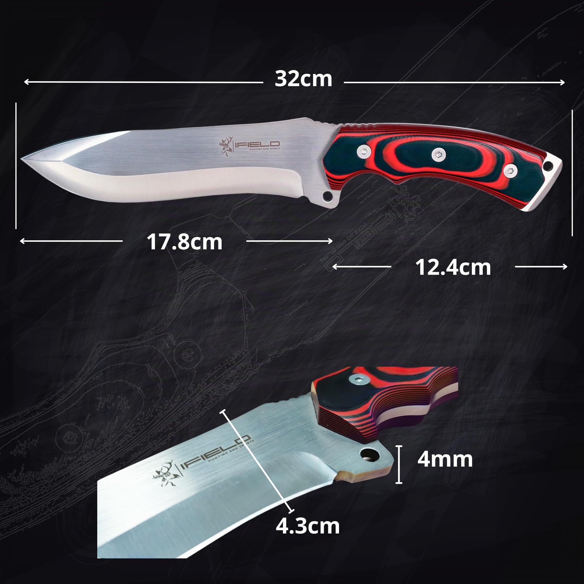 iFIELD Cuchillo 150 con mango de micarta roja y hoja de acero 440C, 58-60 HRC de dureza, herramienta de camping para pesca, caza, actividad deportiva.