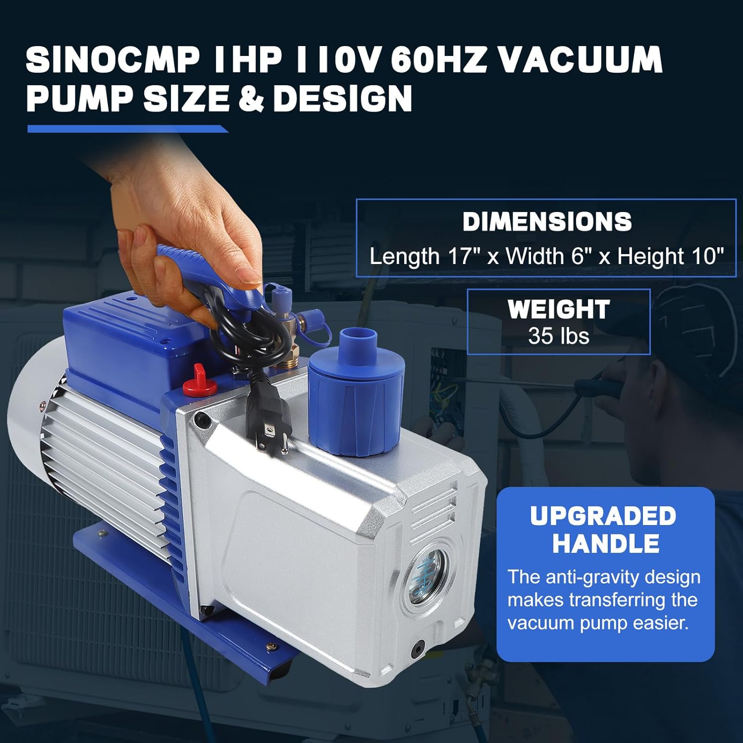 SINOCMP 12CFM Vacuum Pump 1HP Double Stage 110v 60HZ Air Conditioning Vacuum Pump HVAC Air Tool Rotary Vane for Auto Manifold Refrigerant Systems