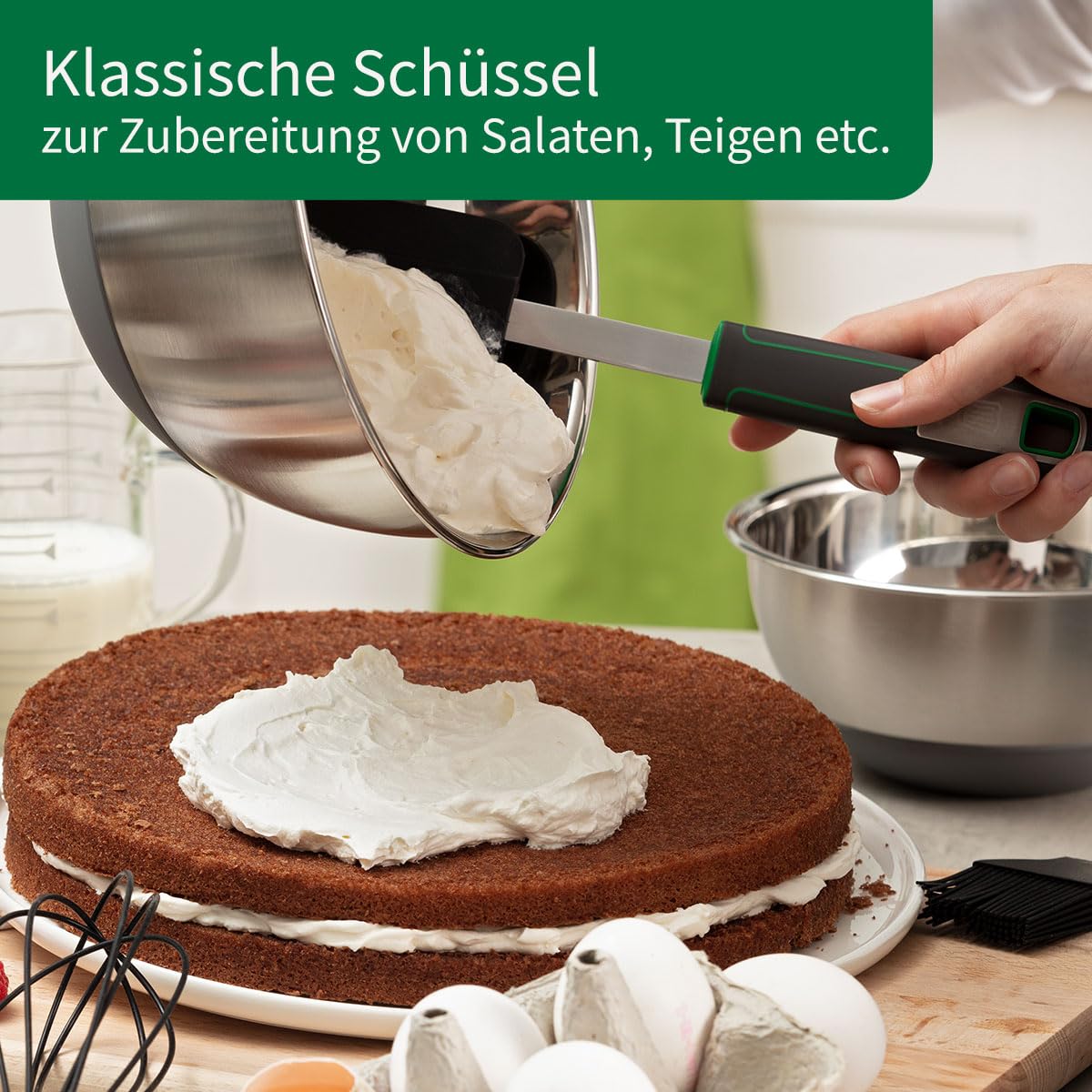 FACKELMANN Chefkoch trifft 3-teiliges Premium Schüsselset aus Edelstahl, inkl. Antirutschboden aus Silikon, 1,25l, 2,5l, 4l, ideal für Salate, Teige & mehr, spülmaschinengeeignet