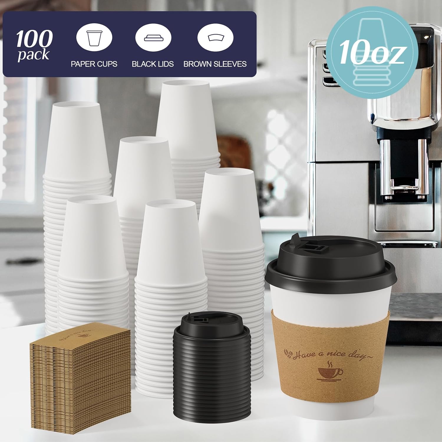 LITOPAK 100 Pack 10 oz Disposable Coffee Cups with Lids and Kraft Sleeves, Leak-Proof White To Go Coffee Cups for Office, Cafe, Catering, Events and Daily Commute