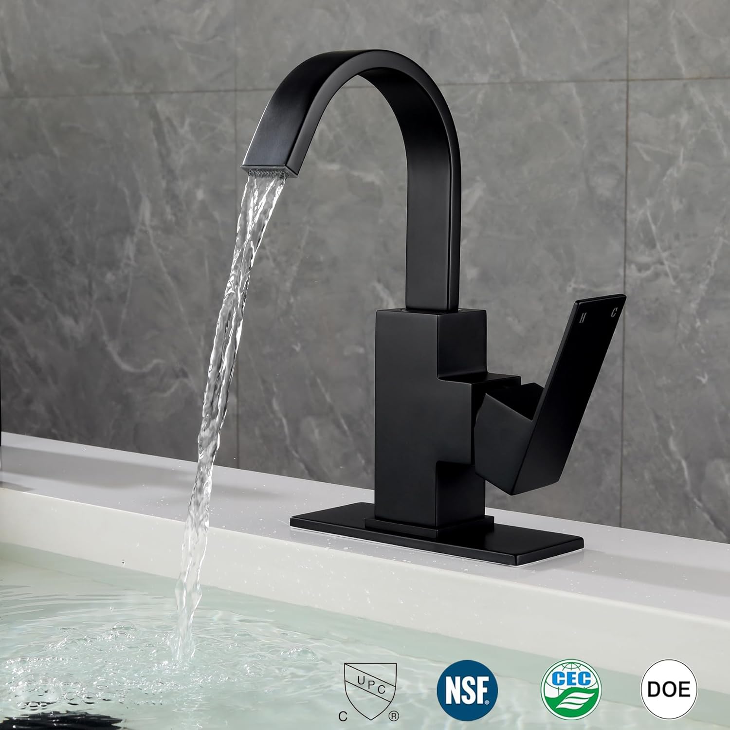 Matte Black Bathroom Faucet Waterfall Faucet Bathroom Vanity with 360 Degree Swivel Spout, Single Hole Bar Sink Faucet with Hose and 6 "Deck Plate,SL5004BK - Image 5