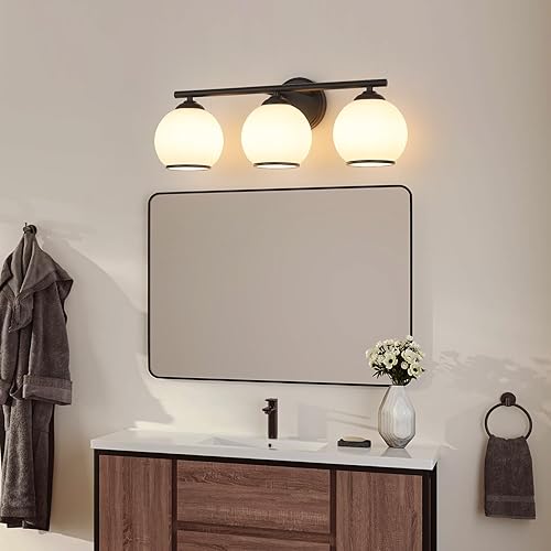 Miniatura 9 de Lámpara de tocador de baño dorada cepillada sobre el espejo, 3 lámparas de baño con pantalla de vidrio transparente de globo, iluminación moderna