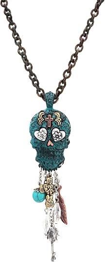 Sugar Skull Long Necklace for Women, 30-Inch Day of the Dead Statement Pendant Necklace with Dangling Charms, Vintage Patina Style