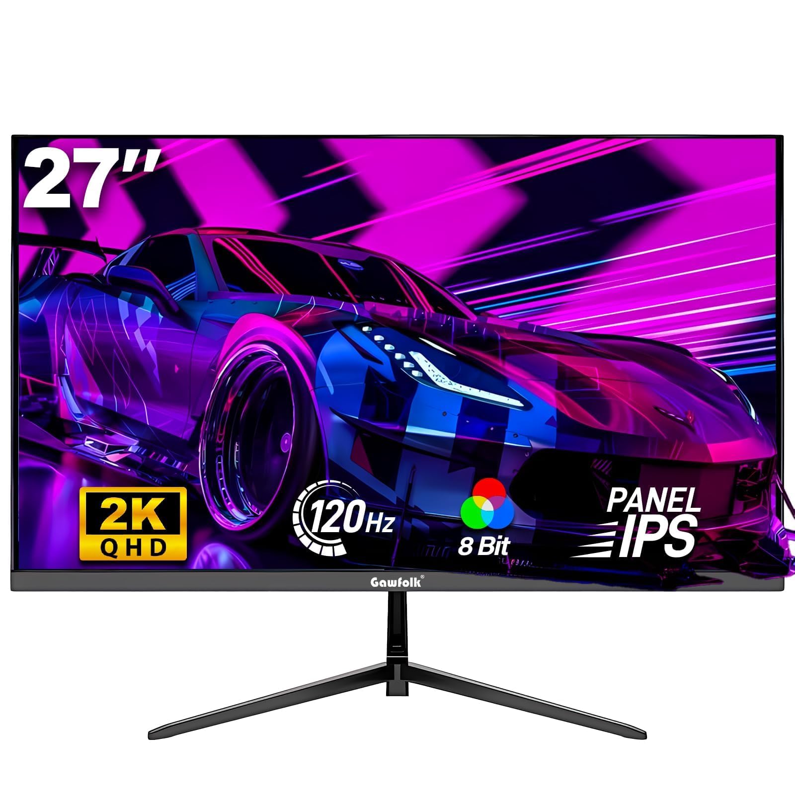 Gawfolk Gaming Monitor 27 Zoll QHD, 2K IPS PC Bildschirm 120Hz, 2560×1440P, FreeSync, HDMI, DisplayPort, VESA 75 * 75mm, Schwarz