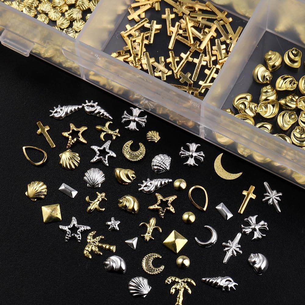 1 scatola oro argento ciondoli per unghie 3D in lega fiore gemme per unghie in metallo luna stella gioielli per unghie multi-forme oceano spiaggia stella marina conchiglia forniture per nail art con