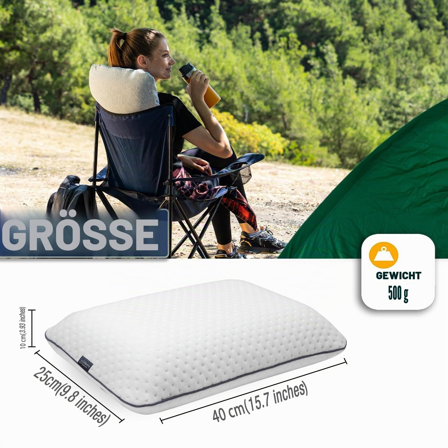 alkamto Reisekissen – Campingkissen – Ergonomisches Memory-Schaum-Kissen mit Temperaturregulierendem Bezug – Extra Baumwollbezug (Weiß Reise- + Extra-Kissenbezug) (40 X 25 X 10 cm - Weiß)