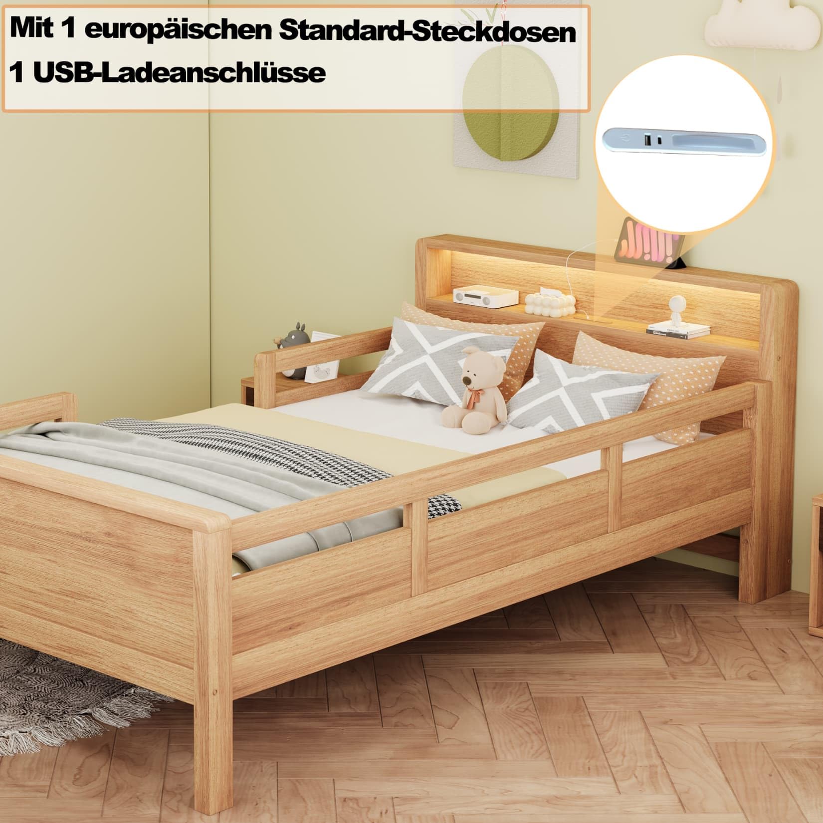 Lit Enfant 90x200 en Pin,Cadre de Lit 1 Personne avec Port USB-C,Éclairage LED,Tête de lit de Rangement,pour Enfants Adolescents (Couleur Bois)