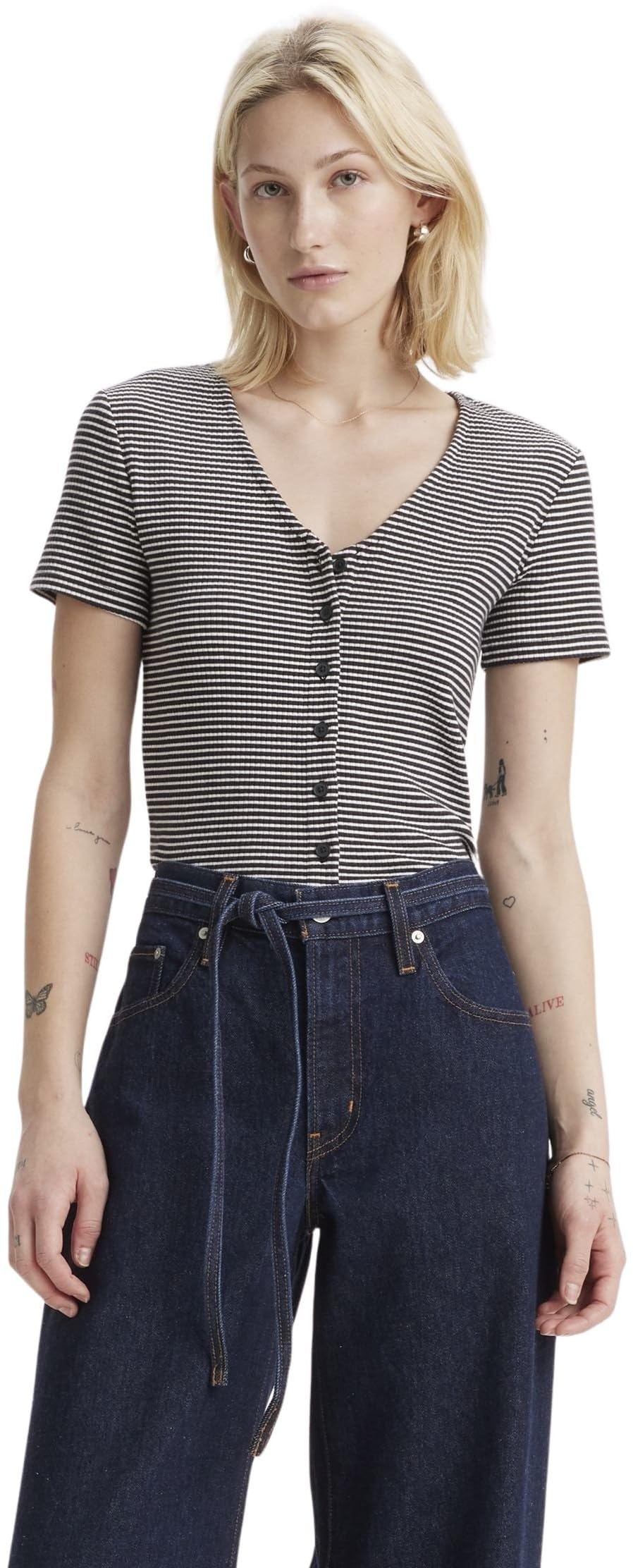 Levi's Women's Vanilla Stripe Caviar - Black T-Shirt Muse Tee With V-Neck, Ribbed, Black (Vanilla Stripe Cavia), Xxs