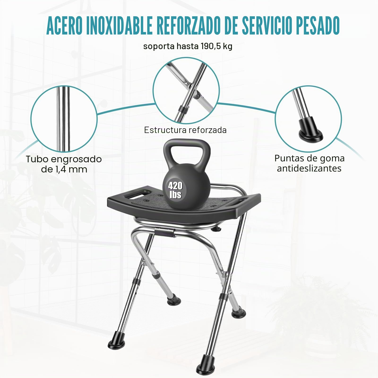 Asiento de Silla de Ducha Plegable, Asiento de Silla de Ducha Plegable de Altura Ajustable, Silla de Ducha de Acero Inoxidable Apta para Interior de Ducha, Taburete de Ducha Portátil de Viaje de 181