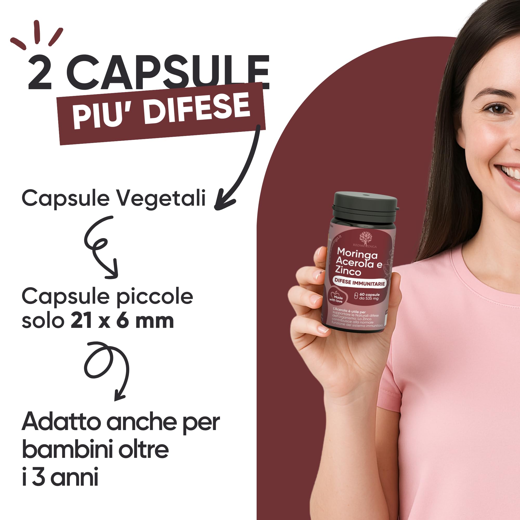 Integratore Difese Immunitarie Acerola e Moringa - Vitamina C 100% naturale - Adatto ad Adulti e Bimbi - Rafforza il Sistema Immunitario naturalmente con Moringa, Acerola e Zinco | 180 Capsule