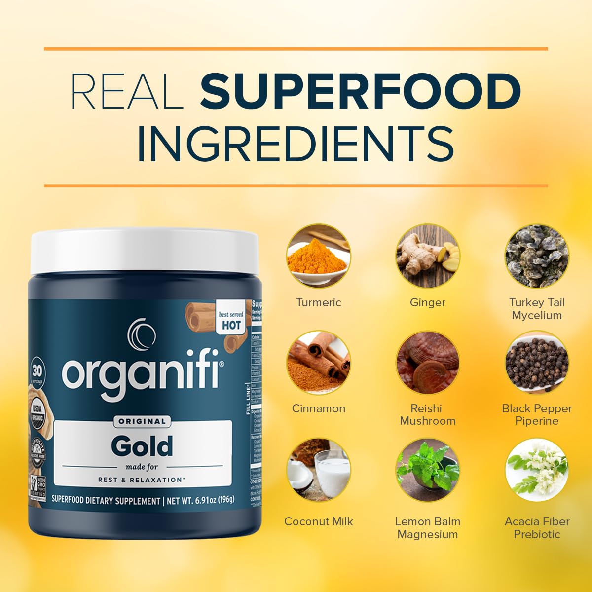 Organifi - Gold Turmeric Tea and Ginger Supplement - 9 Premium Superfoods Include, Magnesium, Coconut Milk, Ceylon Cinnamon, Reishi Mushroom, Black Pepper, Passion Flower, and Acacia, 30 Servings — Amazon image 5
