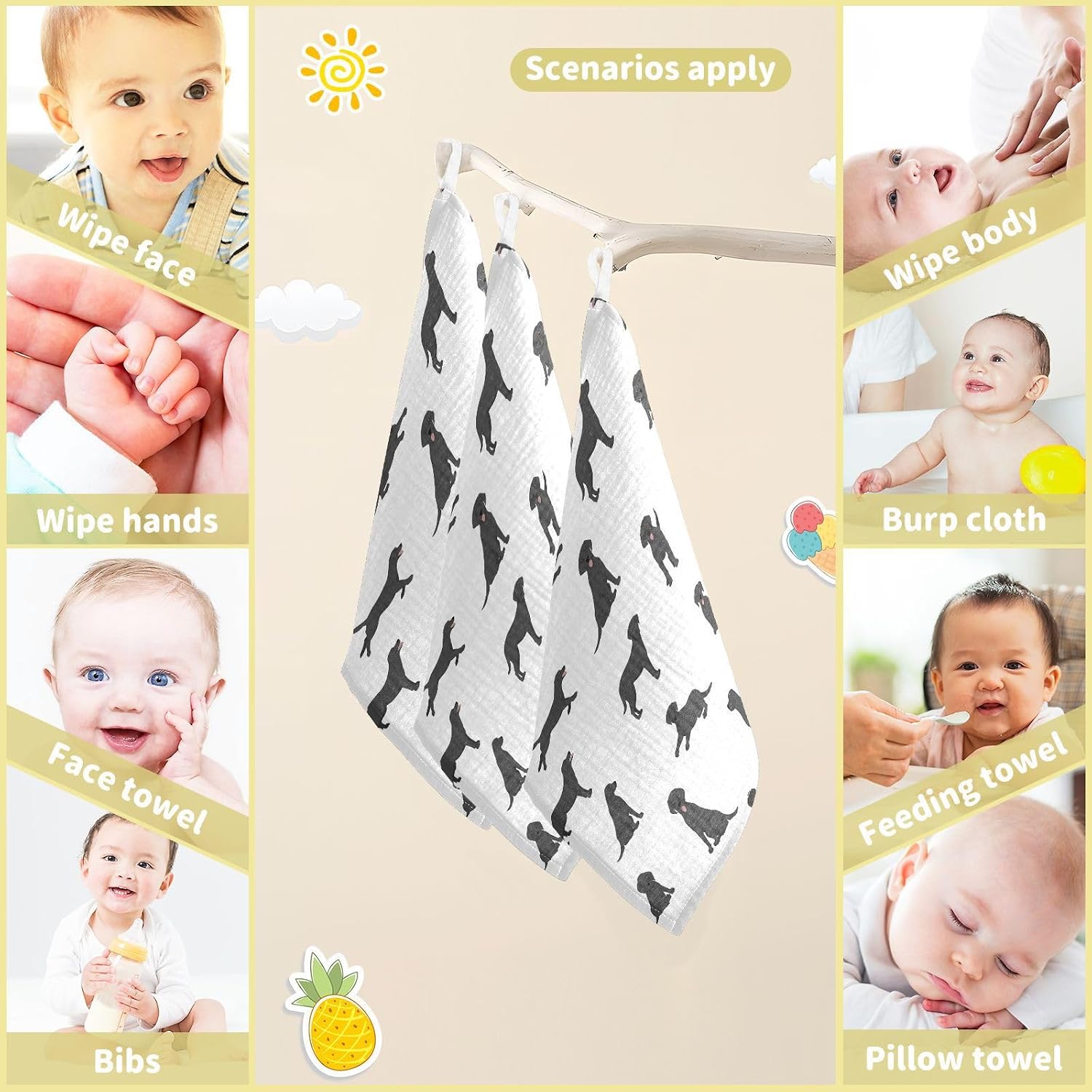 vvfelixl Baby Muslin Washcloths Labrador Retriever Dogs Baby Burp Cloths Cotton Baby Face Towel for Newborn Infants Boys Girls Soft and Absorbent 11.8 X 11.8 in, 3 Pack