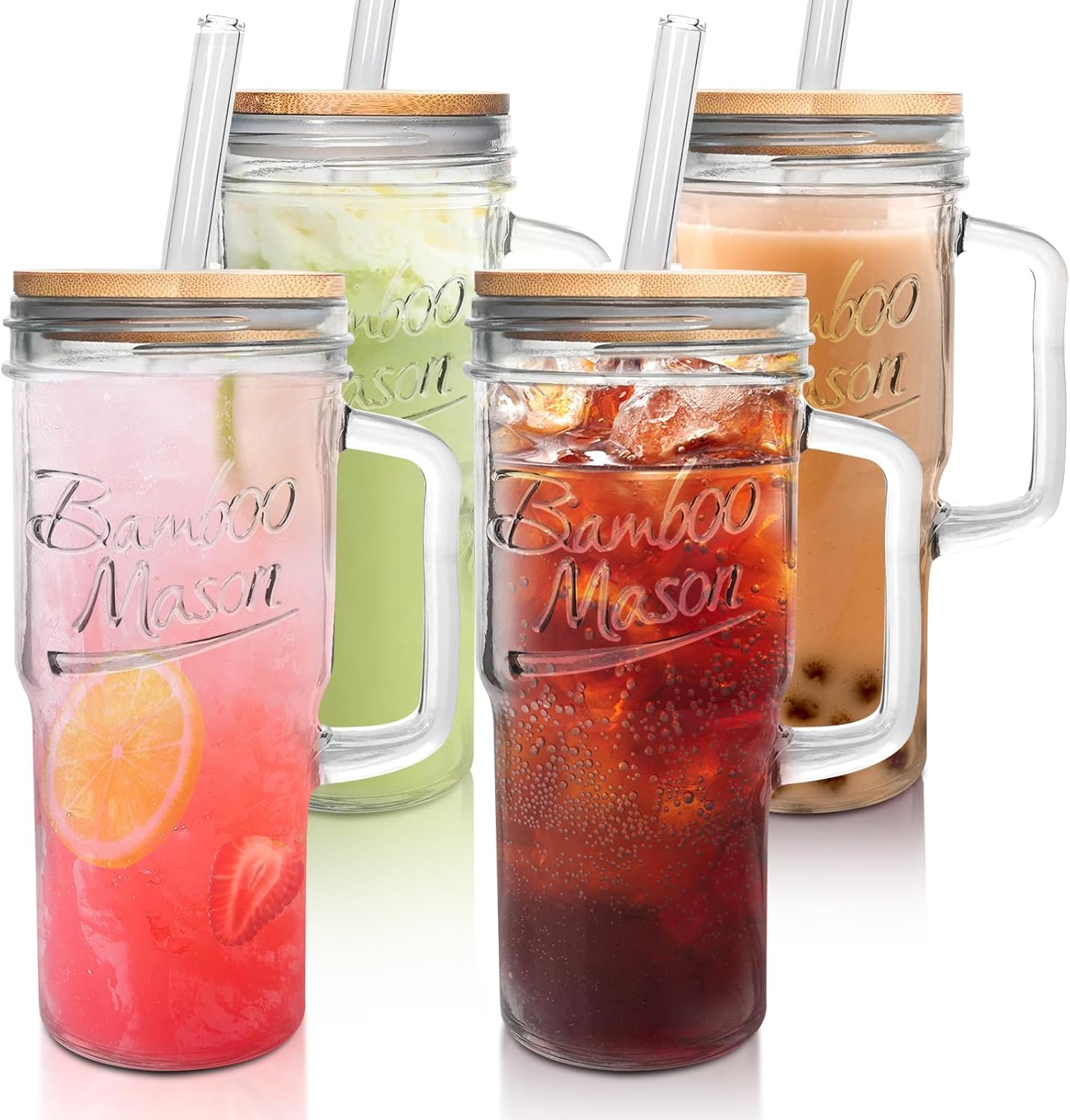 ANOTION Glass Cups with Lids and Straws 2 or 4 Packs, 24oz Tumbler with Handle, Wide Mouth Mason Jar Travel Coffee Mugs for Iced Coffee, Smoothie, Ideal Housewarming Gifts & Kitchen Essentials