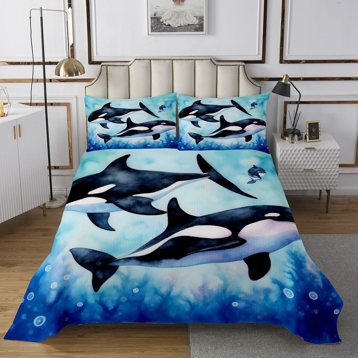 Erosebridal Killer Whale Bedding Set Orcinus Orcas Bedspread Set Underwater World Jellyfish Quilt Queen for Kids Boys Girls Deep Sea Animals Marine Life Coverlet Set 3 Pieces Child Bedroom Decor
