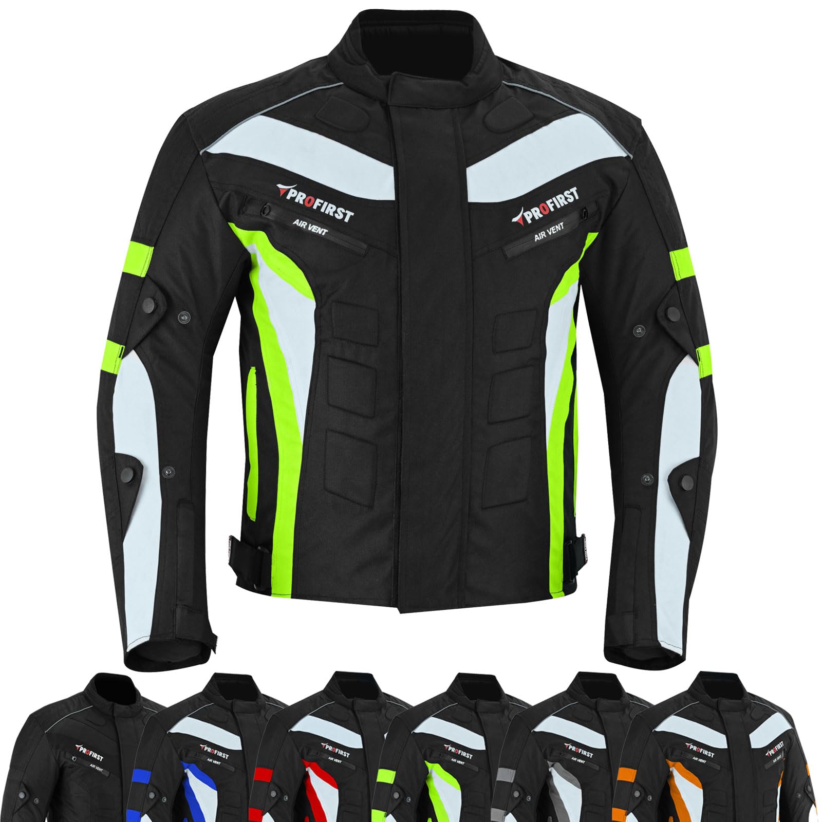 PROFIRST Motorcycle Jacket Mens Waterproof Textile Cordura Fabric Motorbike Mesh Jacket All Seasons Removeable CE Protections (UK, Alpha, S, Regular, Regular, Green)