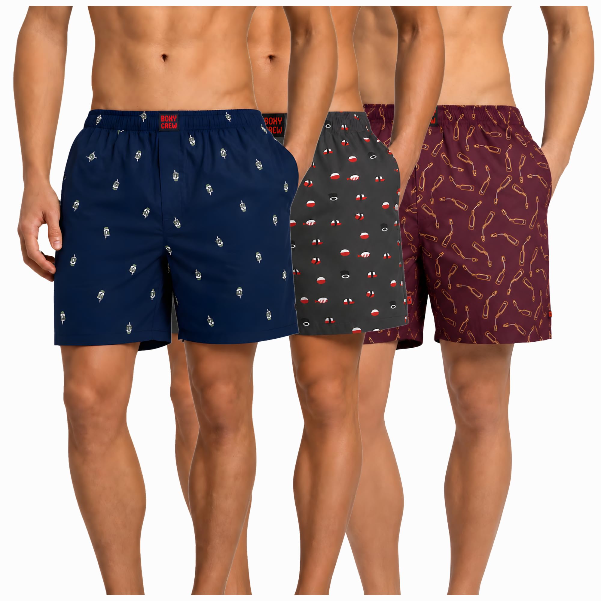 Men's 100% Cotton Boxer Shorts Pack of 3, Navy Blue, Charcoal & Maroon | Woven Boxers with Side Pockets, No-Marks Elastic Waistband, Breathable Relaxed Fit | Style 011-012-014-image-34