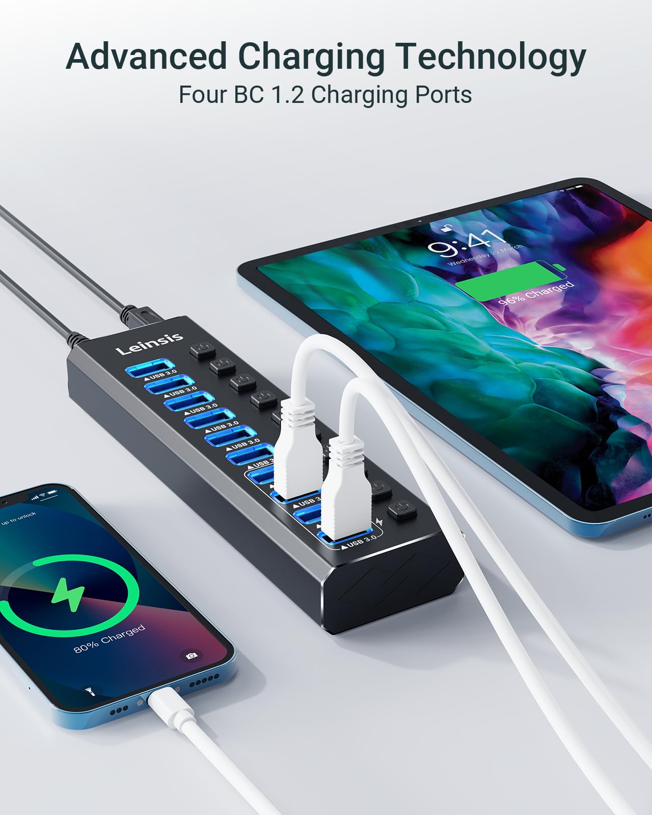 Alimenté USB Hub 3.0, 10-Port USB 3.0 Hub [Durable Aluminum] 10 Data Transfer Ports+ 4 Smart Charging Ports with Individual On/Off Switches, USB Hub 3.0 Powered with Power Adapter for Laptop PC