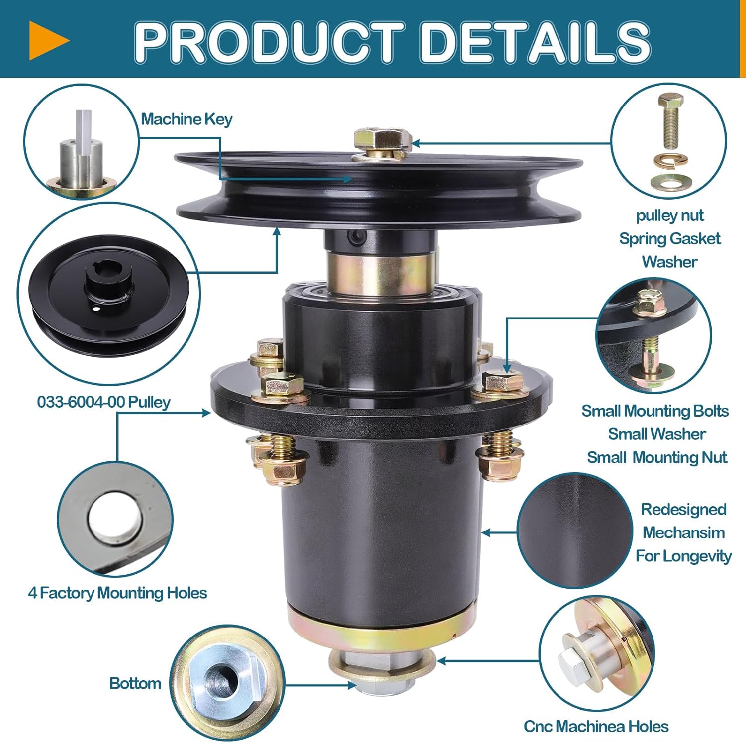 60'' Deck Spindle Assembly (037-6015-50 037-6015-00) Pulley (033-6004-00) Fits Bad Boy Mave Rick ZT CZT Elite Pup Ligh tning Lawn Mower