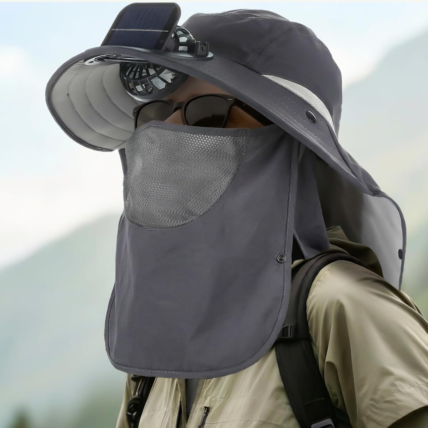 Berlune Solar Fan Hat Outdoor Fishing Hat with Neck Flap and Face Mask USB and Solar Powered for Men Women Sun Protection