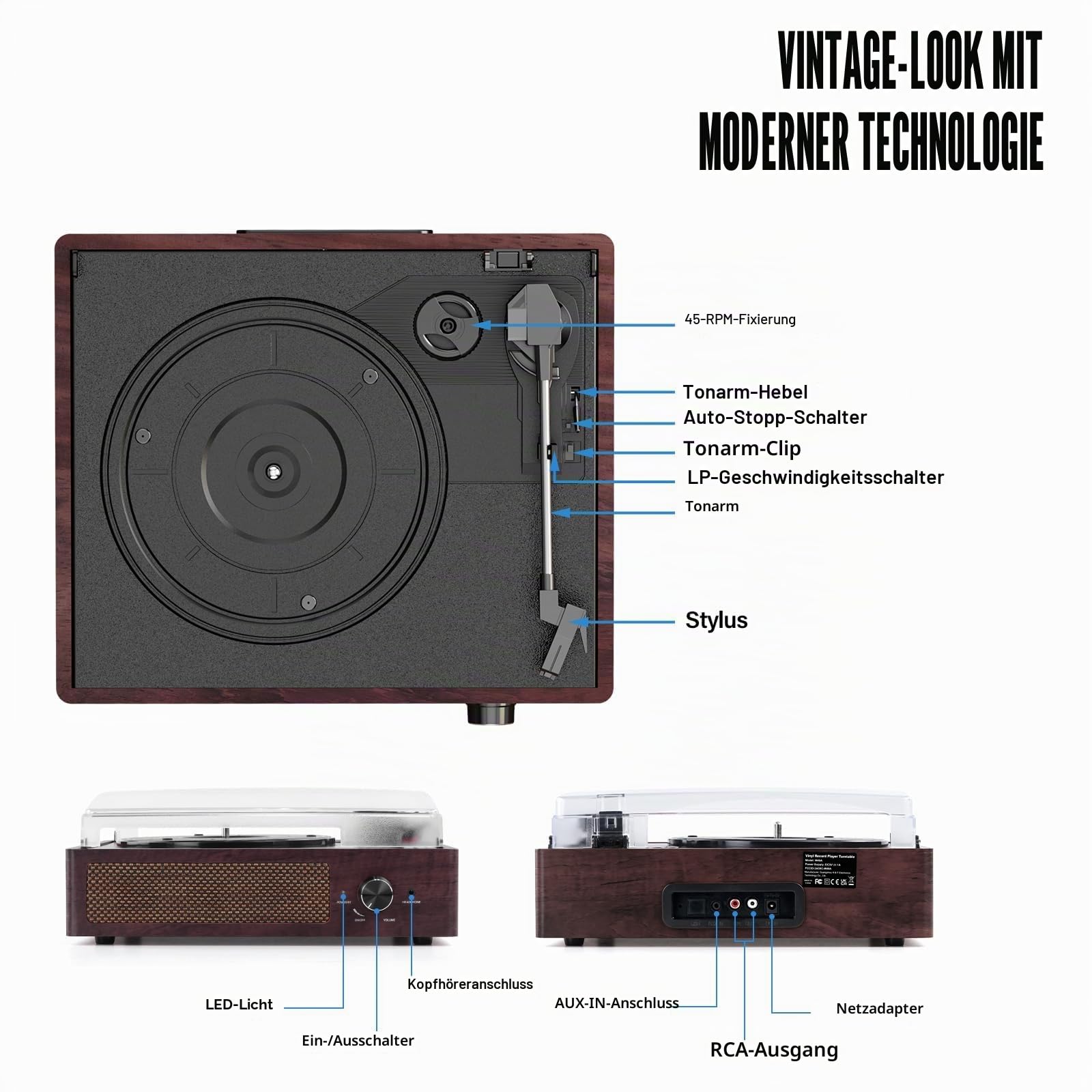 Vinyl Plattenspieler, Bluetooth tragbaren Vinyl Plattenspieler Schallplattenspieler mit 3-Gang 33/45/78 U/min und Eingebauter 2 Stereo Lautsprechern- natürliches Holz