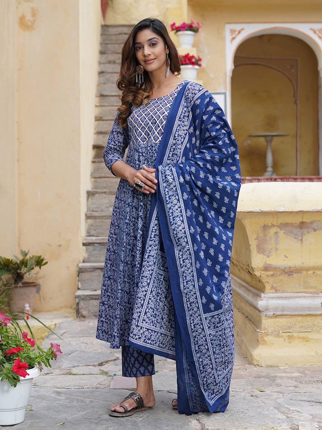 Amayra Rayon Women's Printed Anarkali Kurta with Pant and Dupatta Set(Tck515,Blue,Large) 3