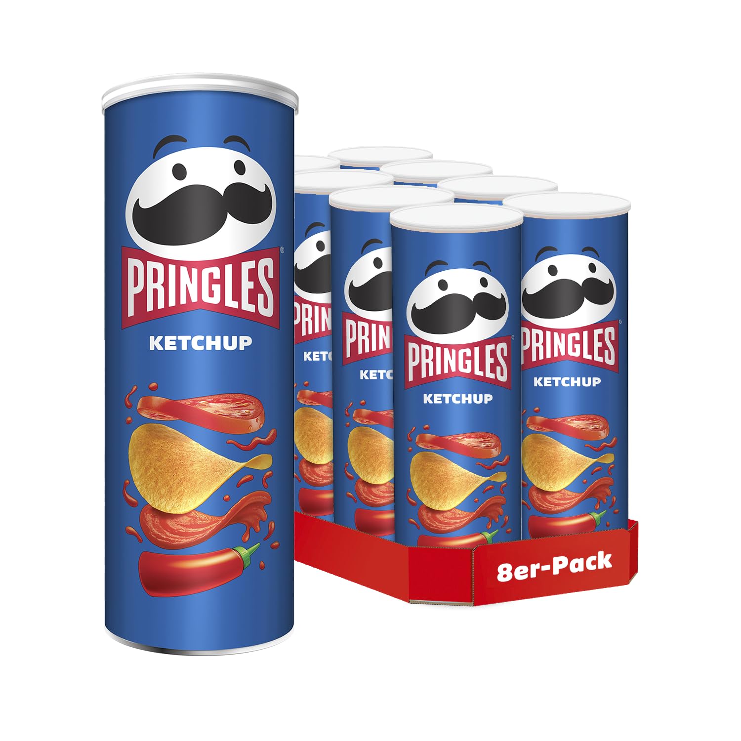 Pringles Ketchup (8 x 165 g) – der unwiderstehliche Snack-Klassiker in der praktischen Dose – knackige Chips mit Ketchup-Geschmack – Pop. Play. Eat.