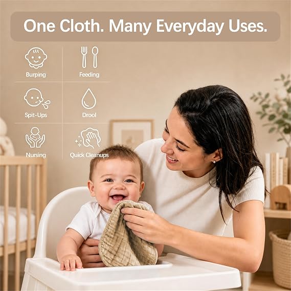 Ease Cubs Muslin Burp Cloths Large 100% Cotton Hand Washcloths for Boys & Girls, Baby Essentials Extra Absorbent and Soft Burping Rags for Newborn Registry (Brown, 12-Pack, 20 X10)