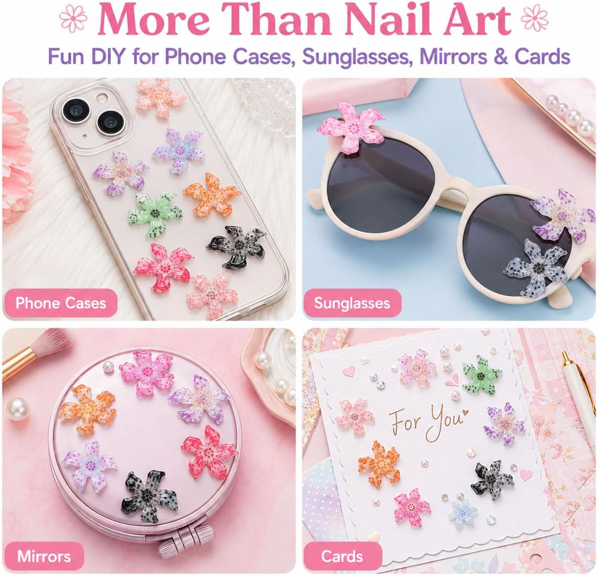 100 Pcs 3D Hawaii Flower Nail Charms, Soft Colorful Resin Floral Nail Art Accessories for Acrylic Nails, Summer Nail Decorations for Women DIY Manicure Craft Supplies