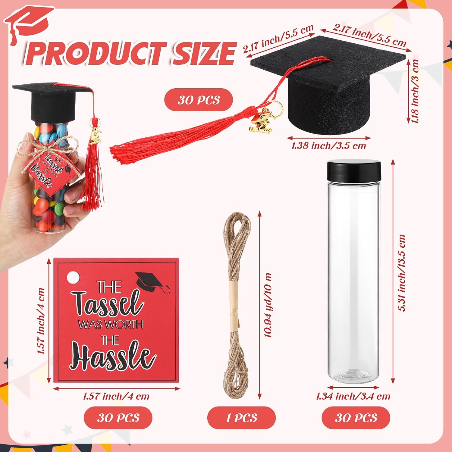 willinglong 30 set 2026 graduation candy tubes jars set 100 ml fillable clear plastic gumball container with cap with tassel and cards for diy 2026 graduation party favors(red)