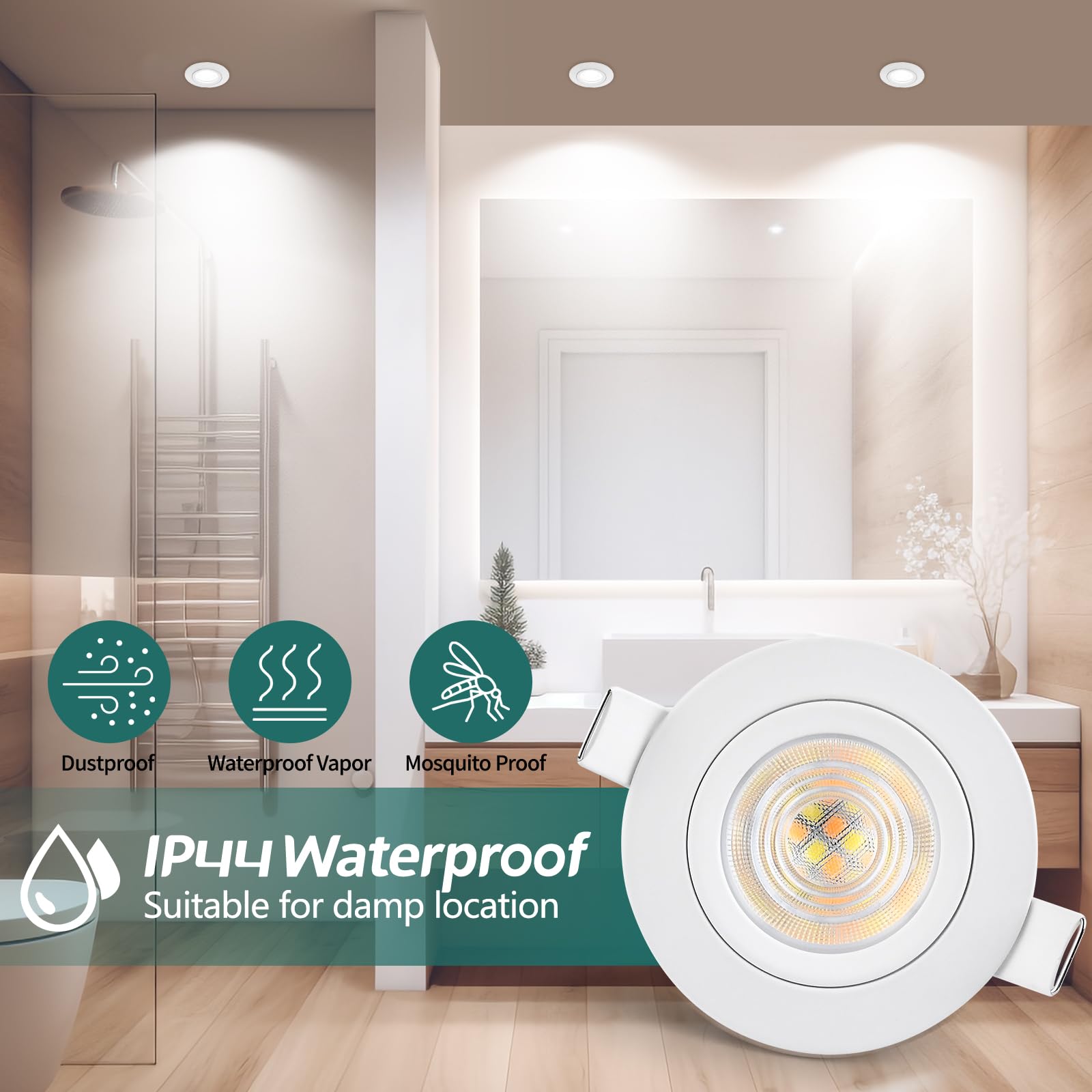 KYOTECH LED Einbaustrahler Dimmbar 230V, 5W 550LM Austauschbare Lichtquelle Deckenspots 3000K/4000K/6500K, LED Spot Flach IP44 Einbauleuchten 60-70mm für Badezimmer, Weiß 6er Set (Nicht Drehbar)