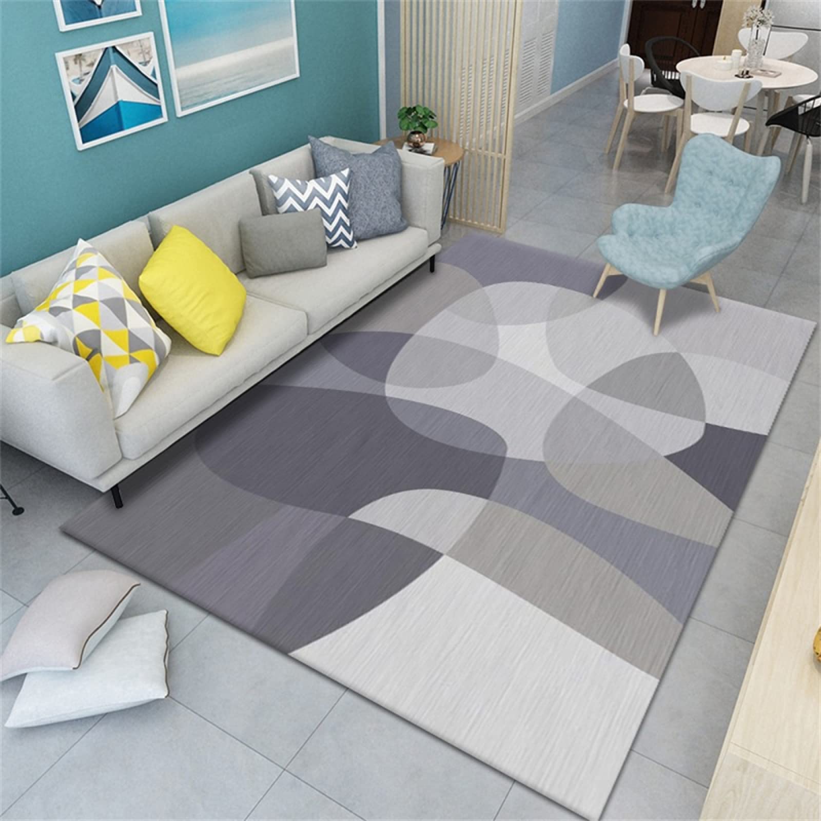 Descente de lit chambre adulte gris et grand tapis 300x400cm géométrique pour déco salon moderne