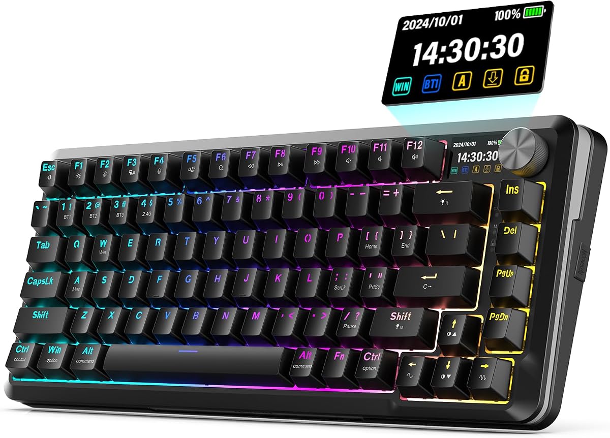 Teclado mecánico inalámbrico K708 con pantalla, mando de volumen e interruptores prelubricados - Tri-Mode (Bluetooth/2.4G/USB-C) RGB Gasket Gaming Keyboard, intercambiable en caliente, batería de 4000 mAh para PC, Mac, etc.
