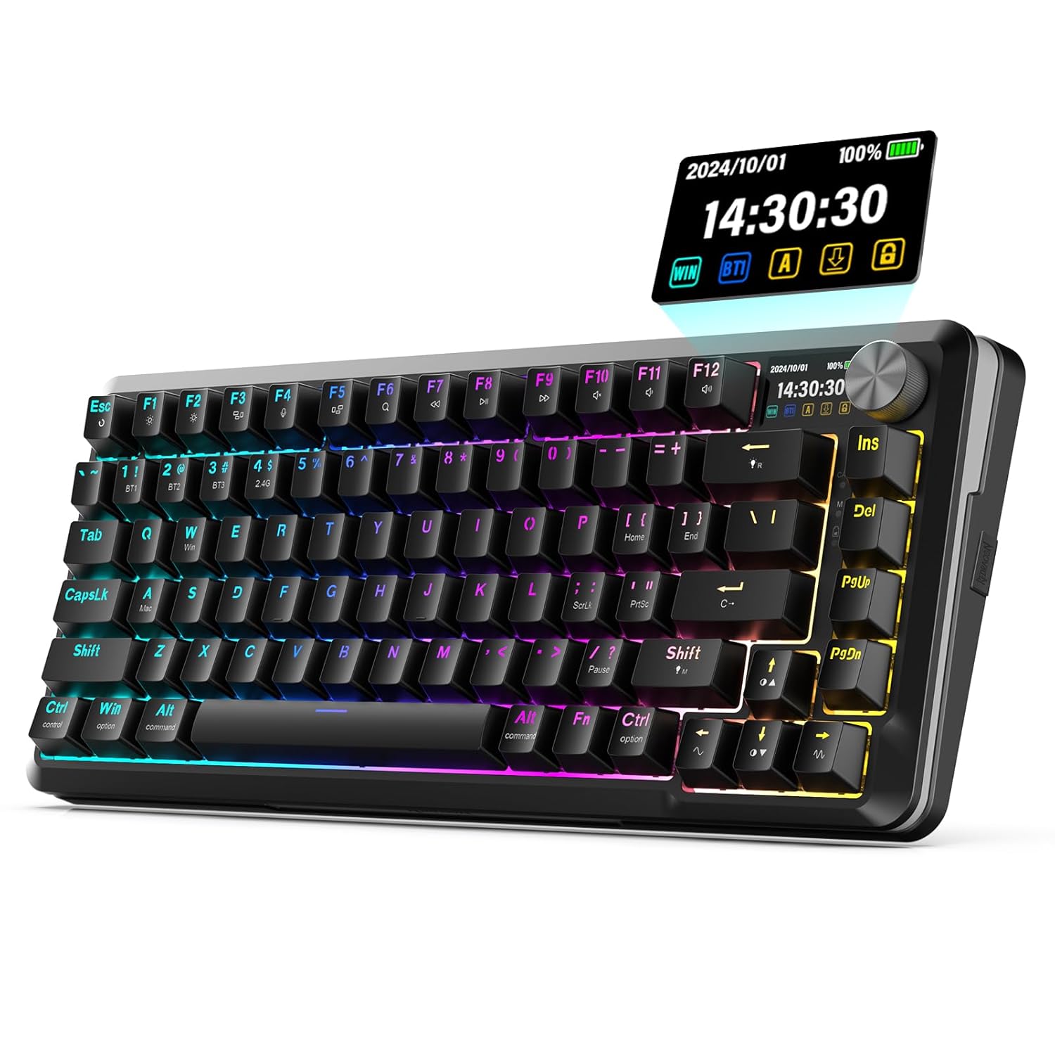 Redragon Wireless Mechanical Keyboard with Screen Knob Pre-lubed Switches Creamy Gaming Keyboard BT 2 4G USB-C RGB Keyboard